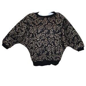 Vintage Sharon Anthony Womens 80s Oversized Black Gold‎ Floral Sweater Est Sz L